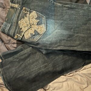 Grace in LA Women's Boot Cut Jeans - Dark Blue with Gold Embellishments